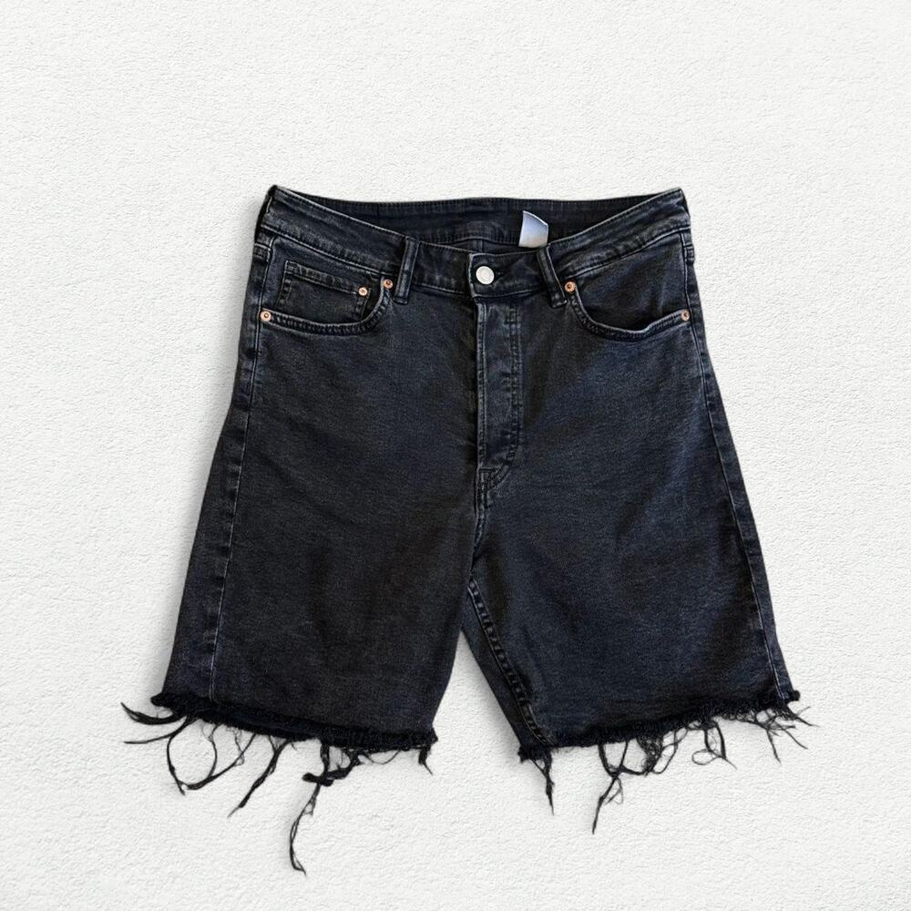 &Denim Cut Off High Waist Bermuda Shorts in Black